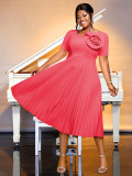 Plus Size Women Watermelon Red Short Sleeve Lace Elegant Maxi Summer Pleated Dress