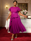 Plus Size Women Round Neck Short Sleeve Irregular Ruffle Elegant Dress