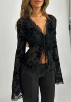 Women Sexy See-Through Lace Ruffle Bell Bottom Sleeve Top