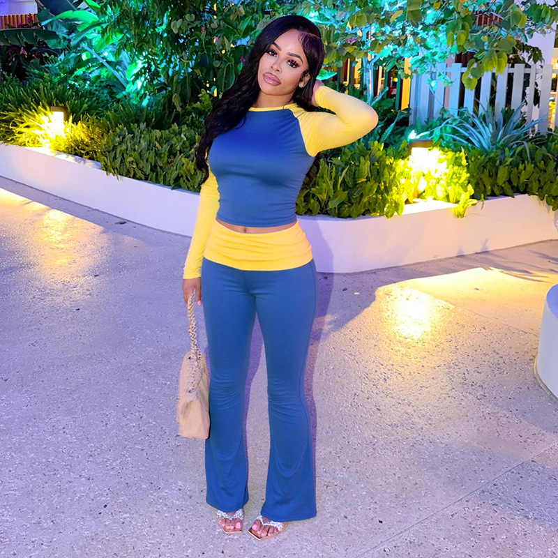 Women Contrast Raglan Long Sleeve Top and Folded Flared Trousers Two-Piece Set