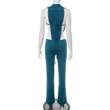 Women Spring and Summer Sexy V Neck Sleeveless Bodysuit and Flared Pants Two-piece Set