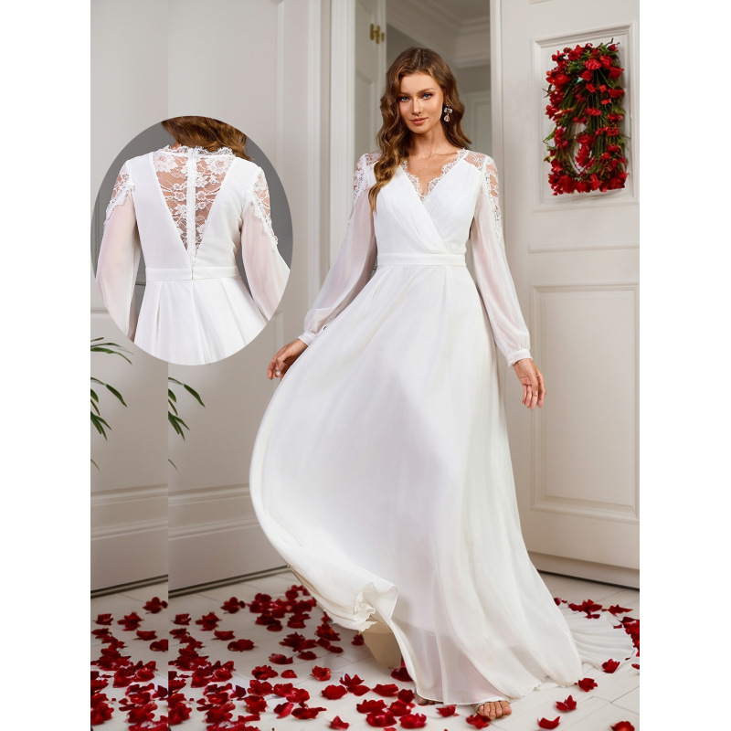 Lace Patchwork Long Slim Waist Elegant Evening Dress Chiffon Wedding Gown
