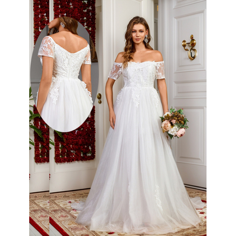 Women's Mesh Off Shoulder Short-Sleeved Bridal Wedding Dress