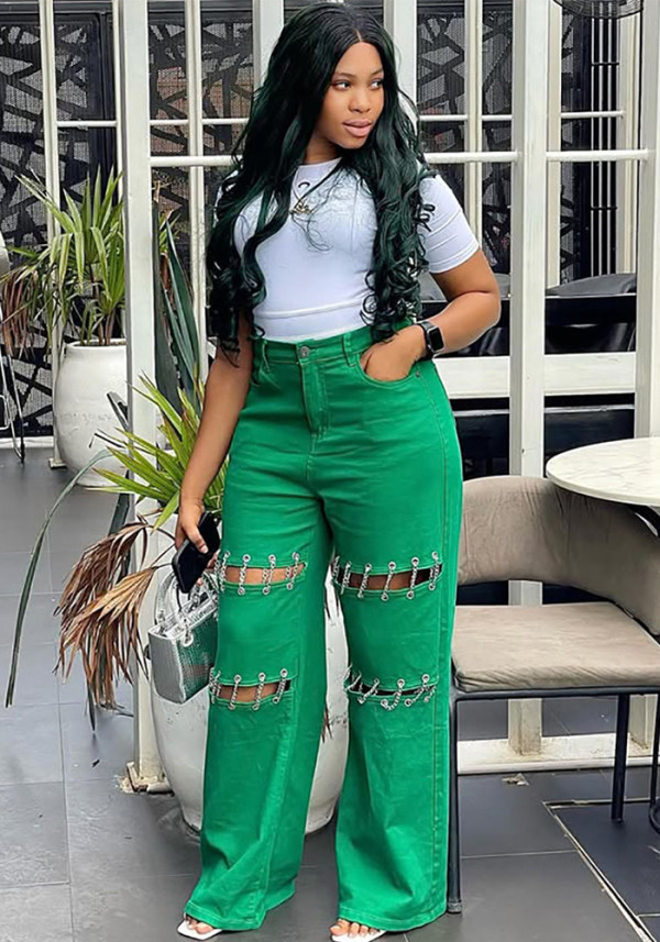 Women's High-Waisted Patchwork Denim Jeans with Studded Chain