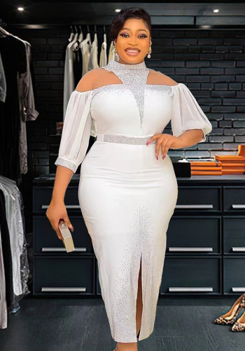 African Plus-Size Elegant Chic Beaded Patchwork Slit Bodycon Dress