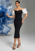 Black & White Off-Shoulder Floral Sleeve Bodycon Party Dress