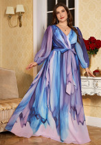 Plus Size V-Neck Lantern Sleeve Chiffon Dress Belted Slim Waist Evening Gown