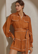 Trendy Brown Contrast Belted Satin Shirt Dress
