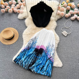 Elegant Women's Summer Sleeveless Blouse + Pleated Maxi Skirt Two-Piece Set