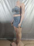 Women Sexy Strapless Denim Top Slit Mini SkirtTwo Piece Set