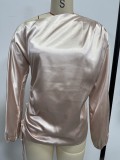 Women's Satin Shirt Asymmetric Slash Shoulder Long-Sleeve Blouse