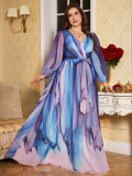 Plus Size V-Neck Lantern Sleeve Chiffon Dress Belted Slim Waist Evening Gown