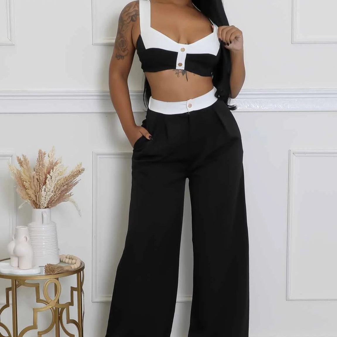 Women's Sleeveless Color-Block High-Waisted Wide-Leg Pants Set