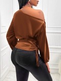 Women's Satin Shirt Asymmetric Slash Shoulder Long-Sleeve Blouse