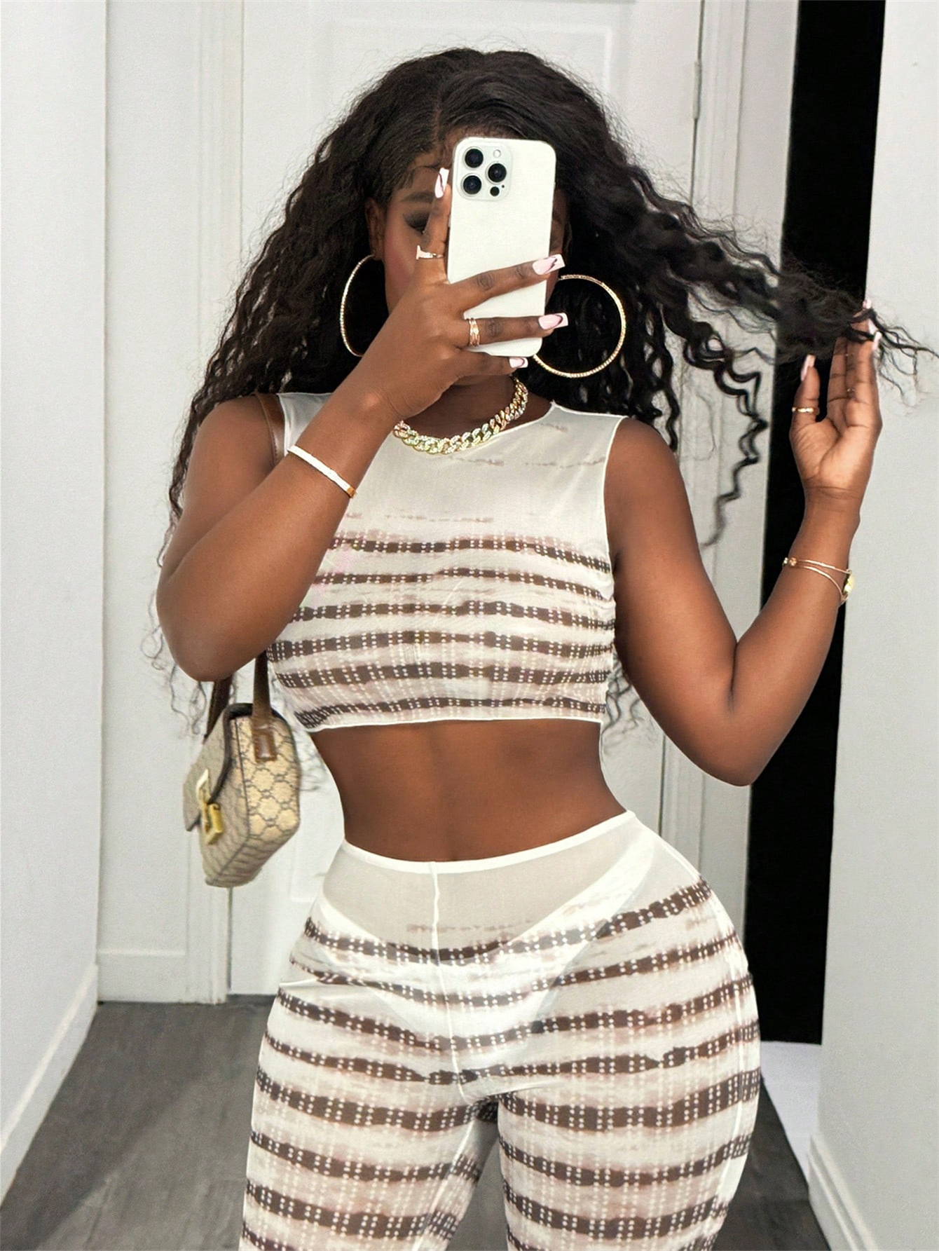 Women's Trendy Sexy See-Through Mesh Print Top & Flared Pants Set