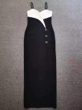 Color-Block Strapless Sleeveless Dress V-Neck Button-Down High-Slit Sexy Bandage Gown
