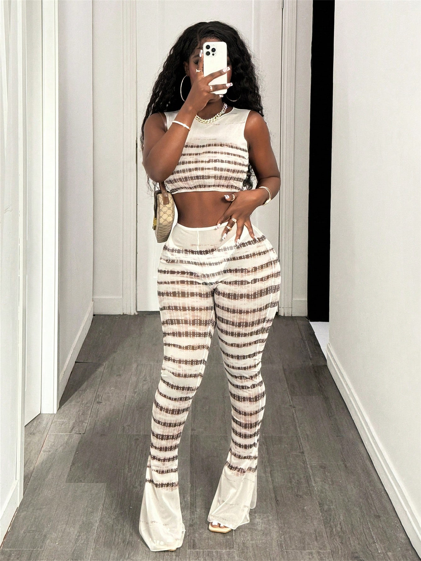 Women's Trendy Sexy See-Through Mesh Print Top & Flared Pants Set