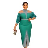 African Plus-Size Elegant Chic Beaded Patchwork Slit Bodycon Dress