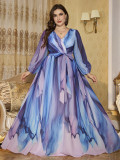 Plus Size V-Neck Lantern Sleeve Chiffon Dress Belted Slim Waist Evening Gown