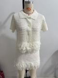 Women's Fringe Short-Sleeve Knit Jacket + High-Waisted Mini Skirt Set