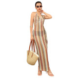 Striped See-Through Summer Trendy Sexy Halter Sleeveless Beach Long Dress