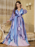 Plus Size V-Neck Lantern Sleeve Chiffon Dress Belted Slim Waist Evening Gown