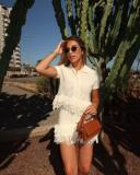 Women's Fringe Short-Sleeve Knit Jacket + High-Waisted Mini Skirt Set