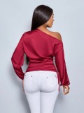 Women's Satin Shirt Asymmetric Slash Shoulder Long-Sleeve Blouse