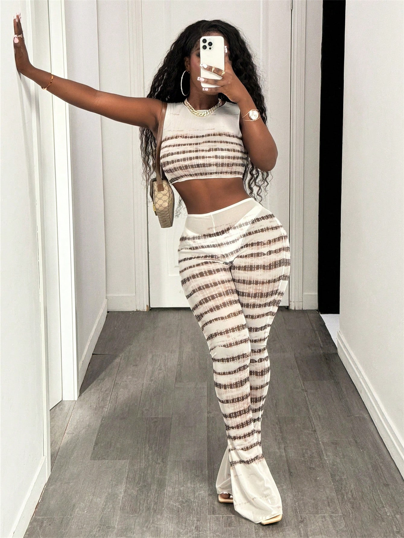 Women's Trendy Sexy See-Through Mesh Print Top & Flared Pants Set