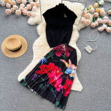 Elegant Women's Summer Sleeveless Blouse + Pleated Maxi Skirt Two-Piece Set