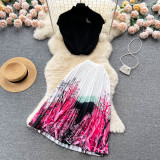 Elegant Women's Summer Sleeveless Blouse + Pleated Maxi Skirt Two-Piece Set