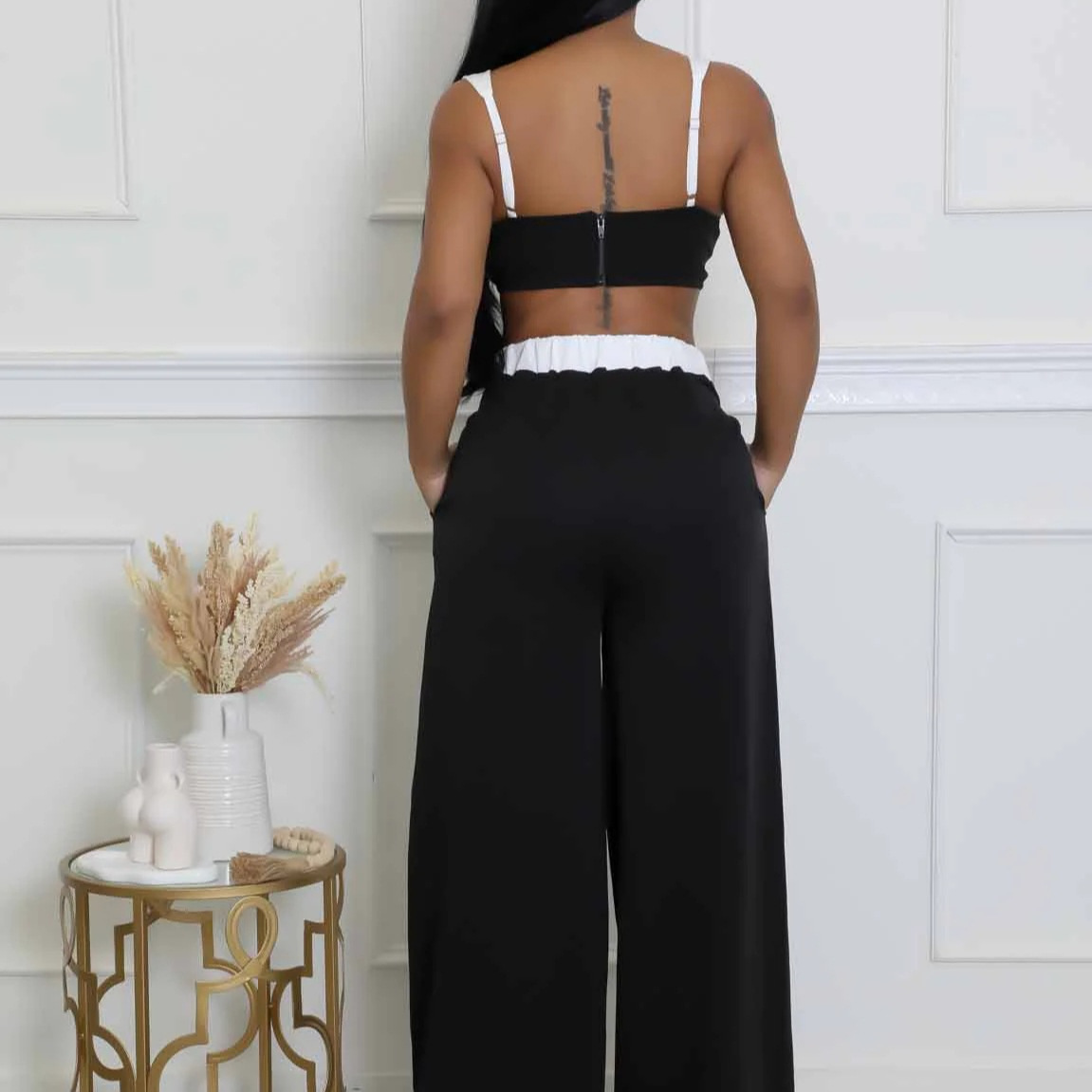 Women's Sleeveless Color-Block High-Waisted Wide-Leg Pants Set