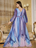 Plus Size V-Neck Lantern Sleeve Chiffon Dress Belted Slim Waist Evening Gown