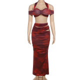 Summer Women's Sexy Halter Neck Off-Shoulder Sleeveless Top & Fitted Ruched Long Skirt Set