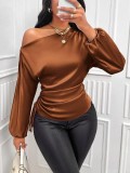 Women's Satin Shirt Asymmetric Slash Shoulder Long-Sleeve Blouse
