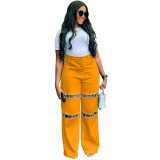Women's High-Waisted Patchwork Denim Jeans with Studded Chain