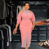 African Plus-Size Elegant Chic Beaded Patchwork Slit Bodycon Dress