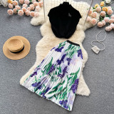 Elegant Women's Summer Sleeveless Blouse + Pleated Maxi Skirt Two-Piece Set