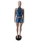 Women Denim zipper Top and shorts Two Piece Set