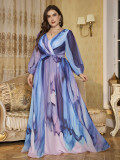 Plus Size V-Neck Lantern Sleeve Chiffon Dress Belted Slim Waist Evening Gown