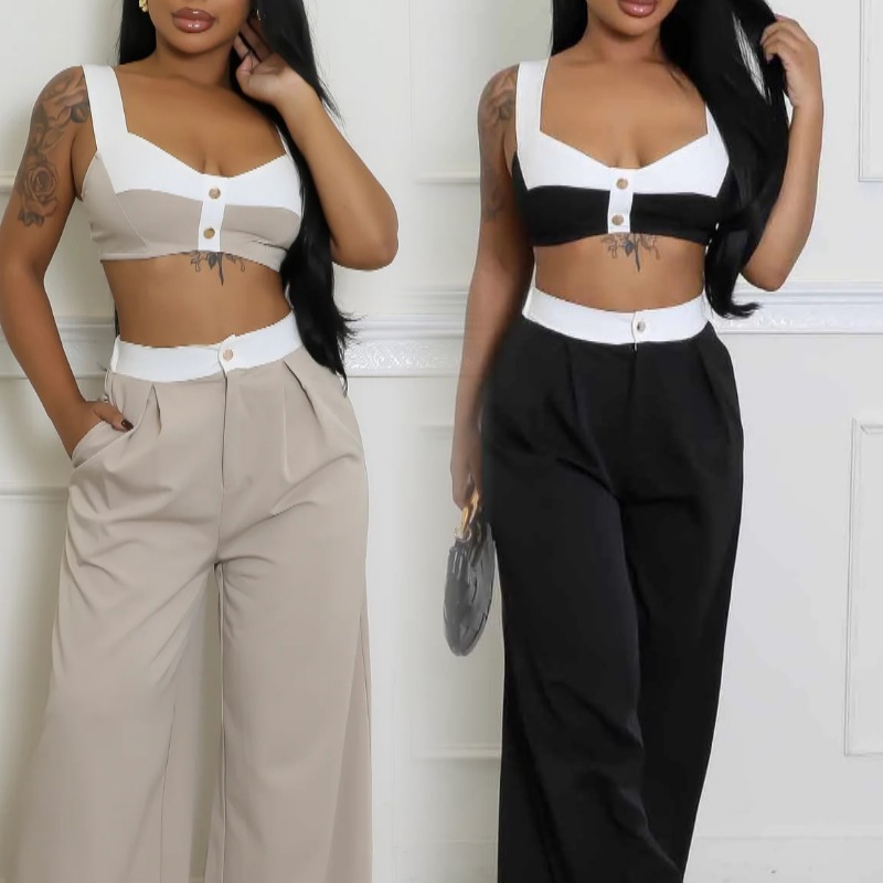 Women's Sleeveless Color-Block High-Waisted Wide-Leg Pants Set