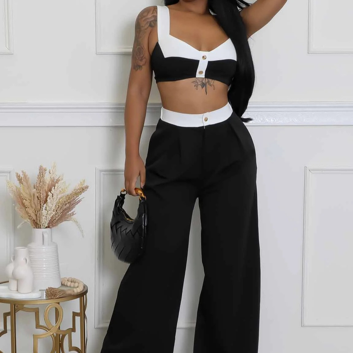Women's Sleeveless Color-Block High-Waisted Wide-Leg Pants Set