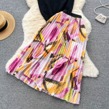 Elegant Women's Summer Sleeveless Blouse + Pleated Maxi Skirt Two-Piece Set