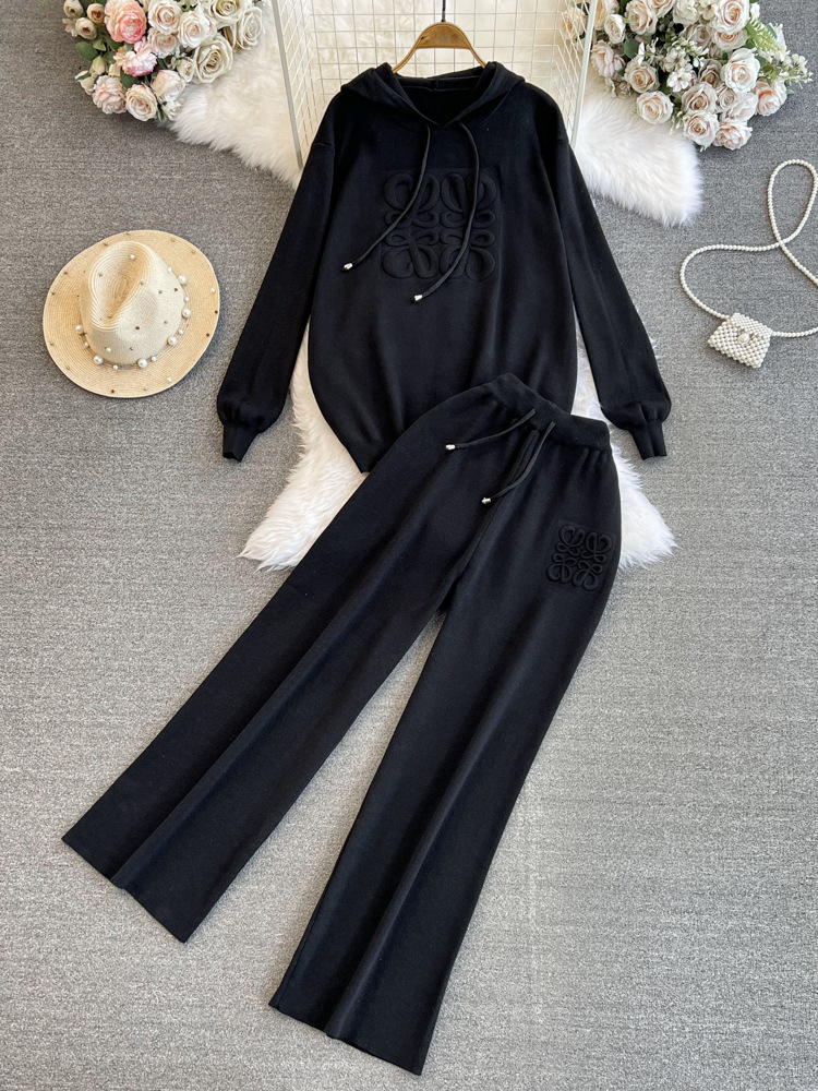 Trendy Women's Oversized Knit Hoodie High-Waisted Wide-Leg Pants Set