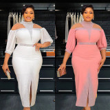 African Plus-Size Elegant Chic Beaded Patchwork Slit Bodycon Dress