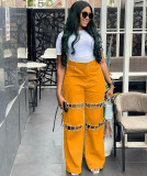Women's High-Waisted Patchwork Denim Jeans with Studded Chain