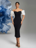Black & White Off-Shoulder Floral Sleeve Bodycon Party Dress