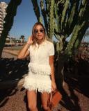 Women's Fringe Short-Sleeve Knit Jacket + High-Waisted Mini Skirt Set