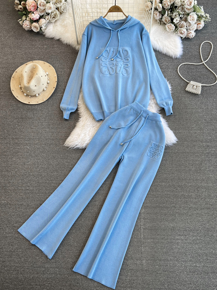 Trendy Women's Oversized Knit Hoodie High-Waisted Wide-Leg Pants Set