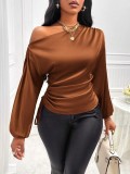 Women's Satin Shirt Asymmetric Slash Shoulder Long-Sleeve Blouse